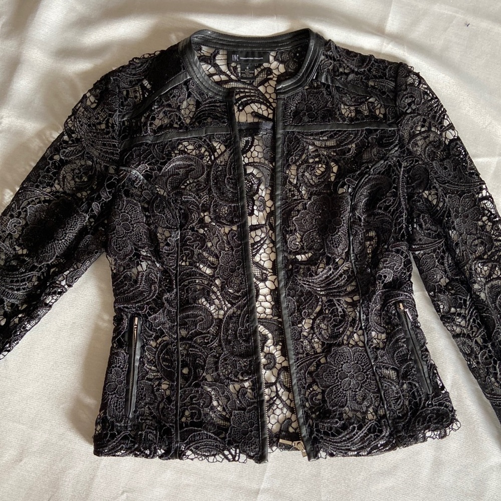 INC International Concepts Black Faux Leather Trimmed Lace Moto Jacket NEW $160